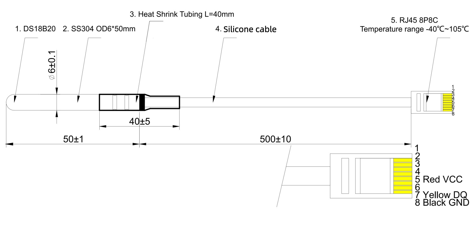 Sensor digital de temperatura DS18B20 — Interfaz 1-Wire, Impermeable, Conector RJ45