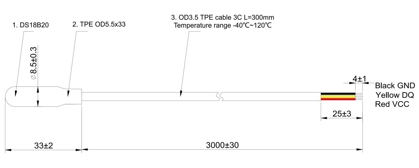 Sensor de temperatura digital DS18B20 con sonda sobremoldeada y cable de TPE