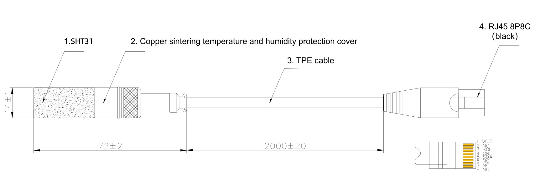 Sensor de temperatura y humedad SHT31 — Filtro sinterizado, Conector RJ45