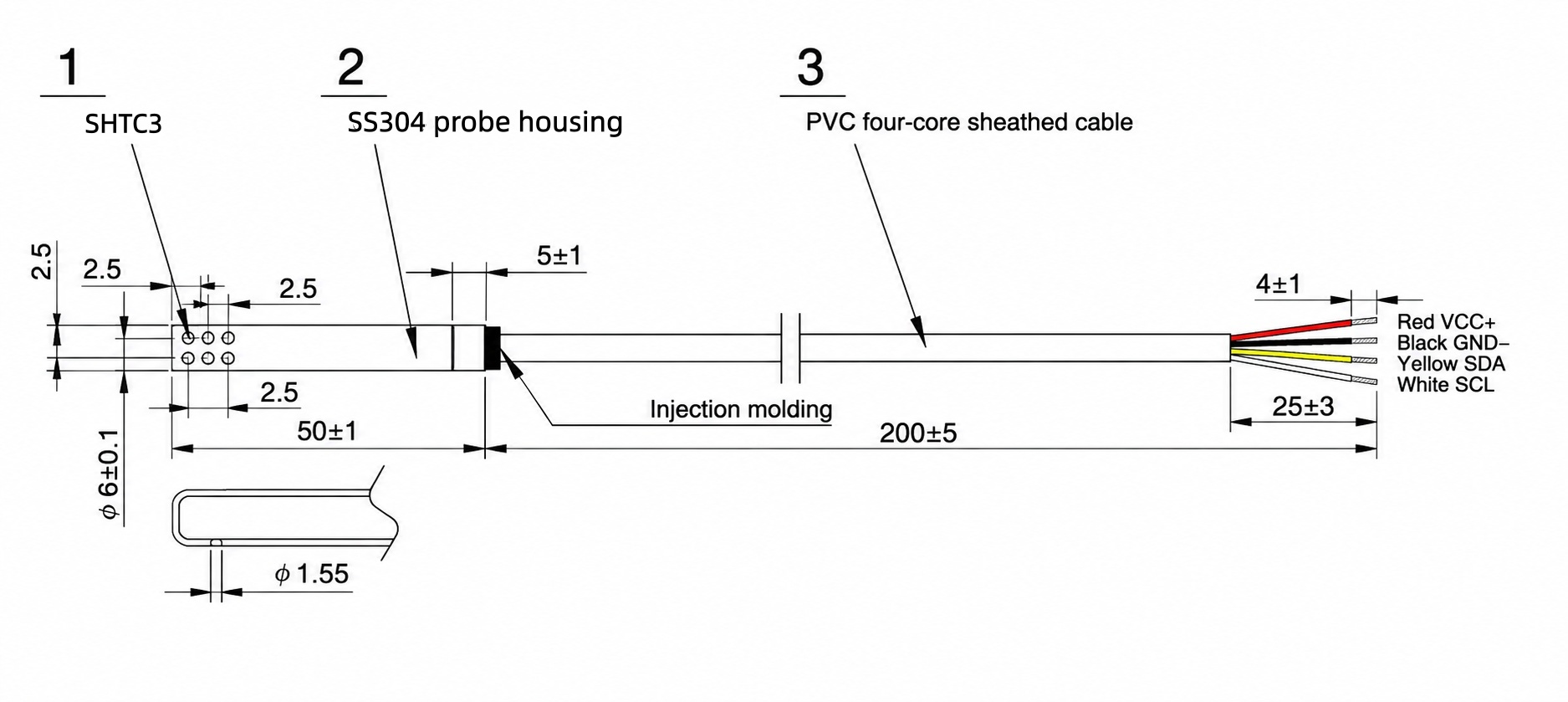 SHTC3 Sensor de temperatura y humedad con sonda «SS304» y conector «3.5» mm
