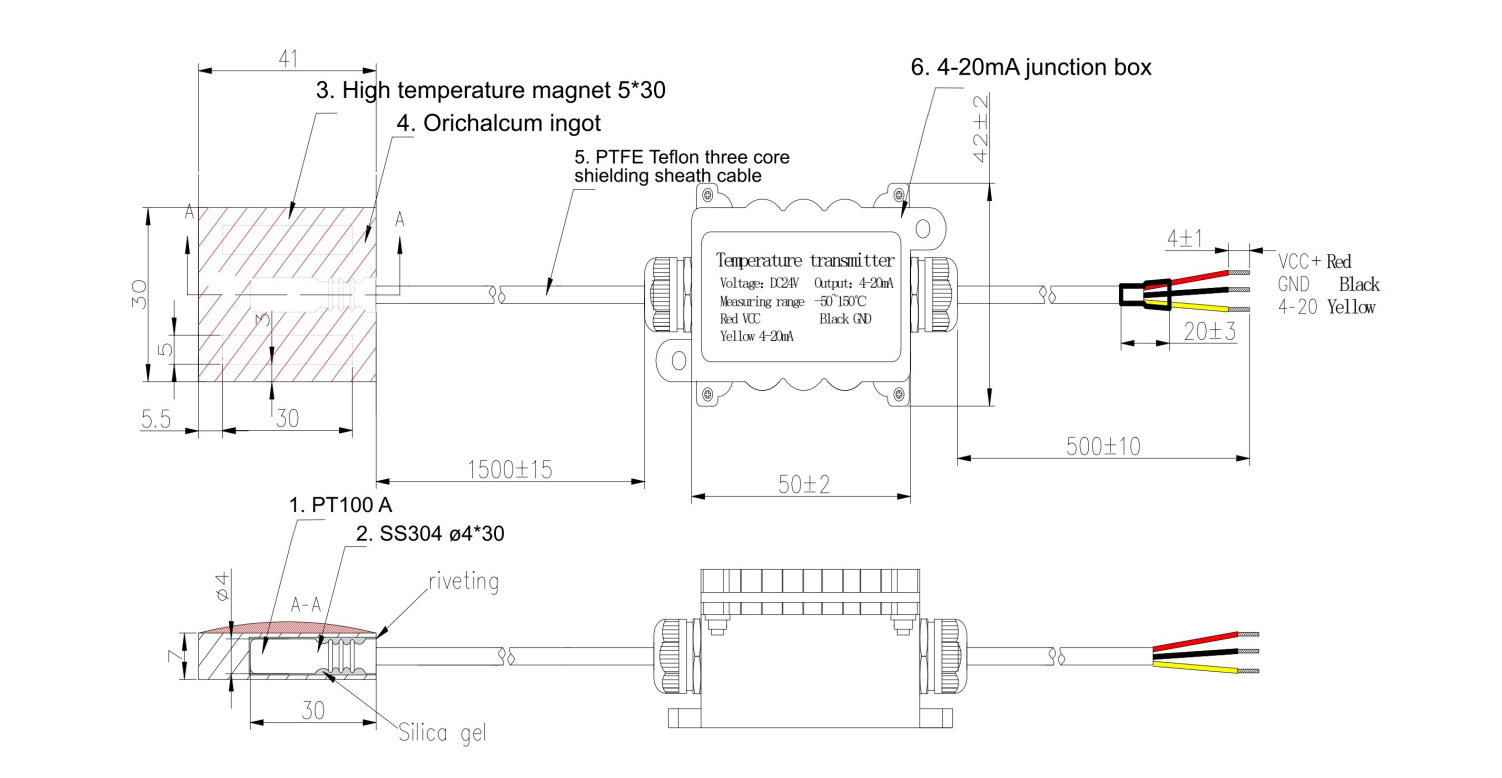 Sensor de temperatura RTD PT100 — Transmisor 4–20mA y montaje magnético